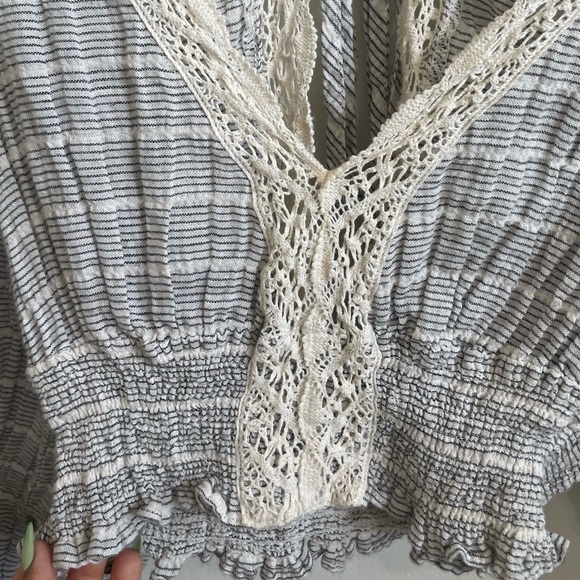 Crochet Open Tie Back Boho Flowy Ruched Crop Top - Cream/Black Stripe - Size S - Picture 3 of 3